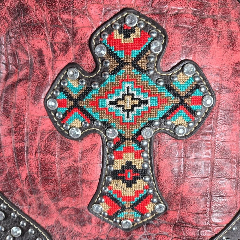 American Bling Western Cross Shoulder Bag Red Croc Embossed Rhinestone Studded - Picture 5 of 16